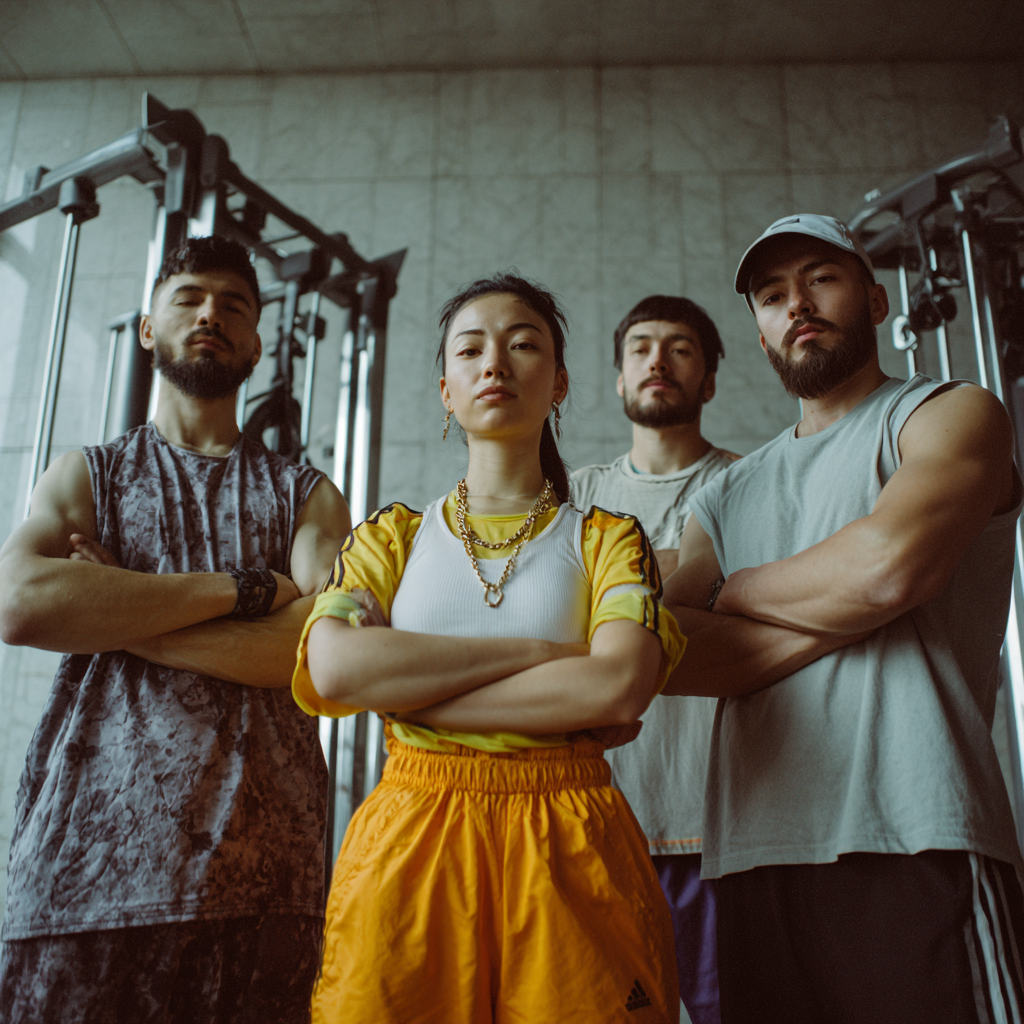 Professional fitness instructor demonstrating exercises to smiling Uzbek adults in a modern gym setting